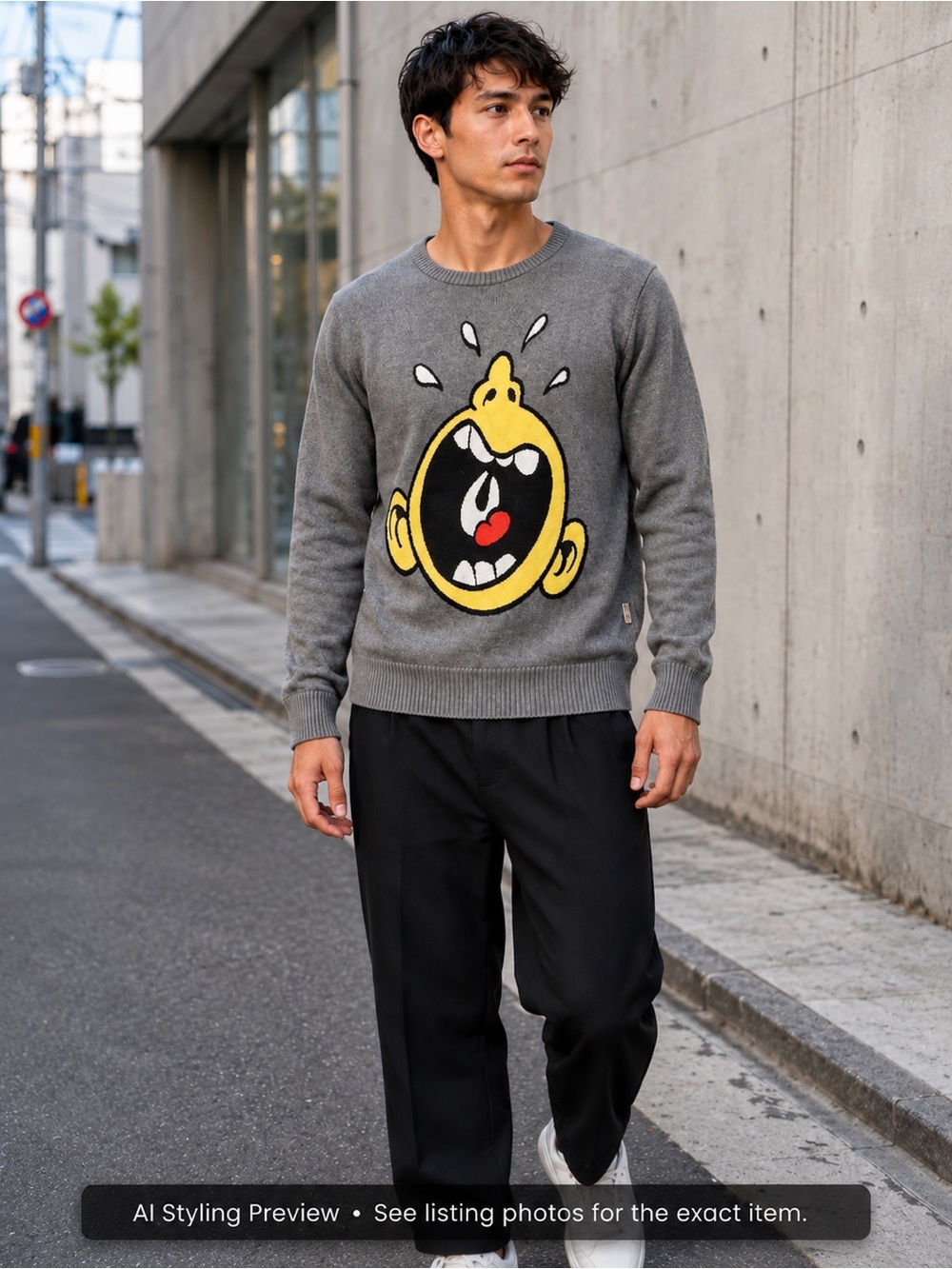 Flying Machine Men’s L Gray Graphic Crewneck Sweater Cartoon Streetwear